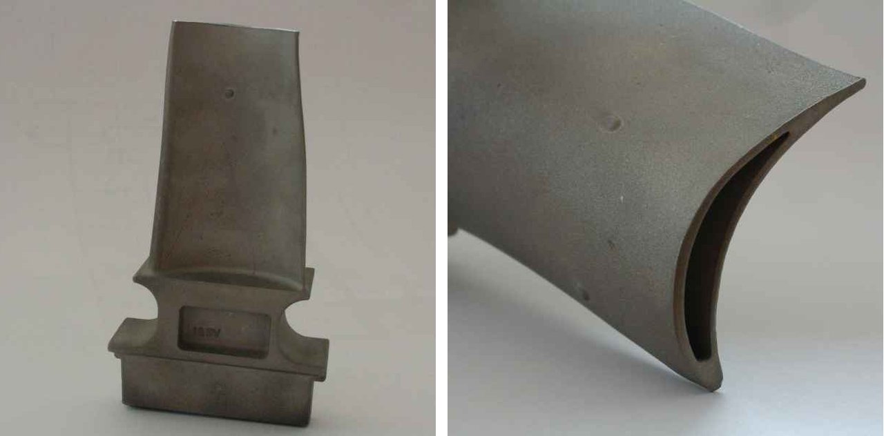 An example of a casting made by precision casting technology on a castable model (gas turbine blade made of nickel superalloy)